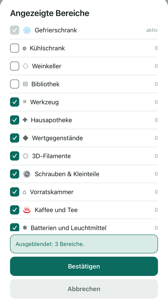 Die Liste Angezeigte Bereiche: der aktive Bereich ausgegraut, drei Bereiche nicht angehakt, Ausgeblendet: 3 Bereiche.