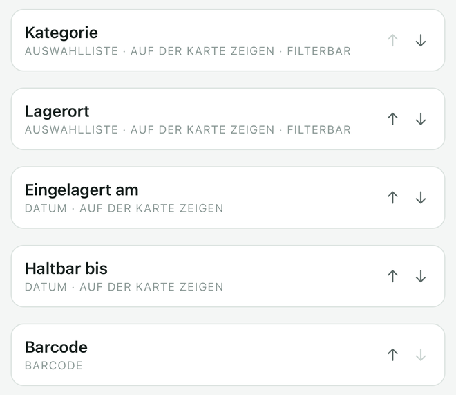 Die Felder eines Bereichs: Kategorie, Lagerort, Eingangsdatum, verbrauchen bis, Barcode.