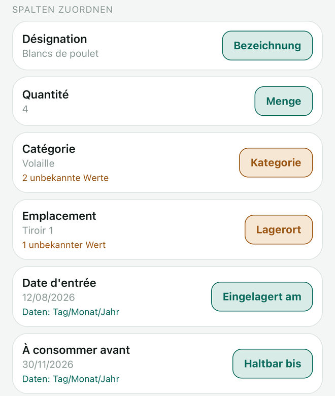 Die zugeordneten Spalten: der Name, der erste Wert und was aus der Spalte wird.