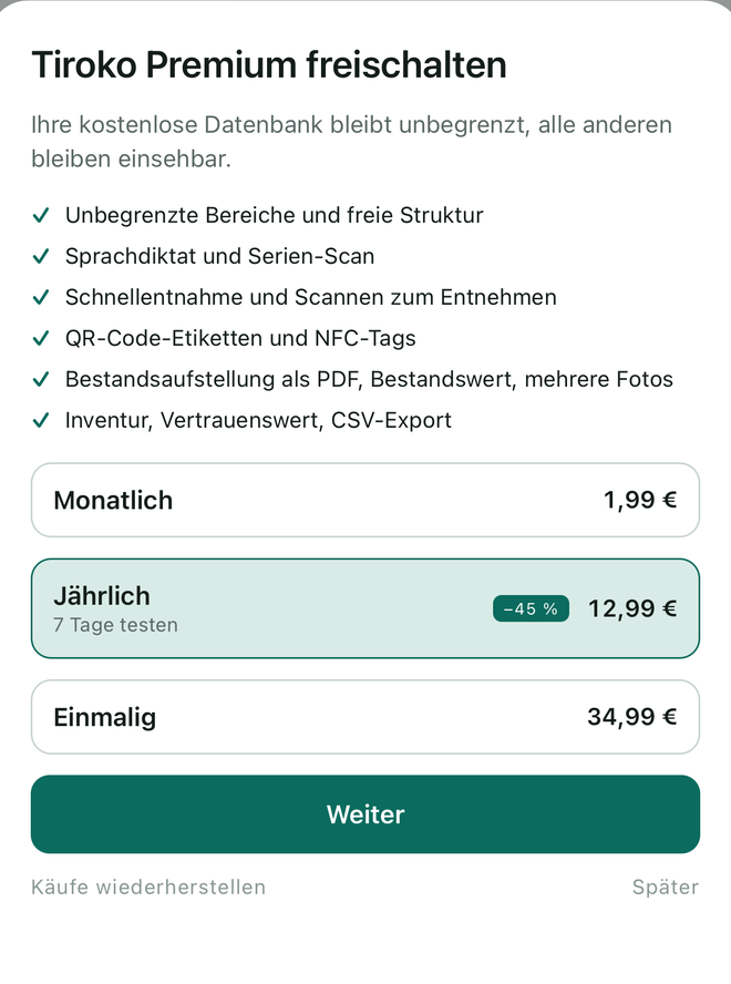 Der Bildschirm der Formeln: monatlich, jährlich mit sieben Testtagen, einmalig.