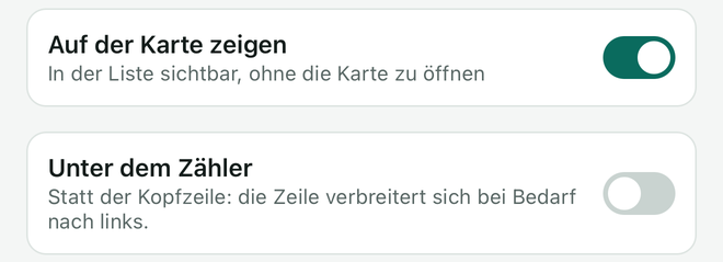 Die Einstellungen Auf der Karte zeigen und Unter dem Zähler, die erste aktiviert.