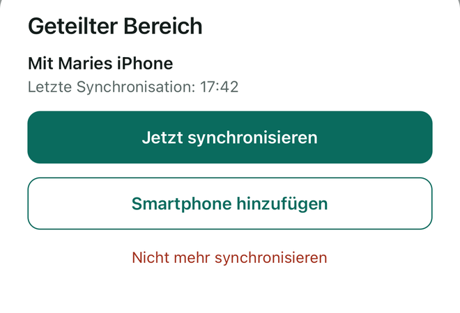 Das Blatt Geteilter Bereich: letzte Synchronisation, Jetzt synchronisieren, Smartphone hinzufügen, Nicht mehr synchronisieren.