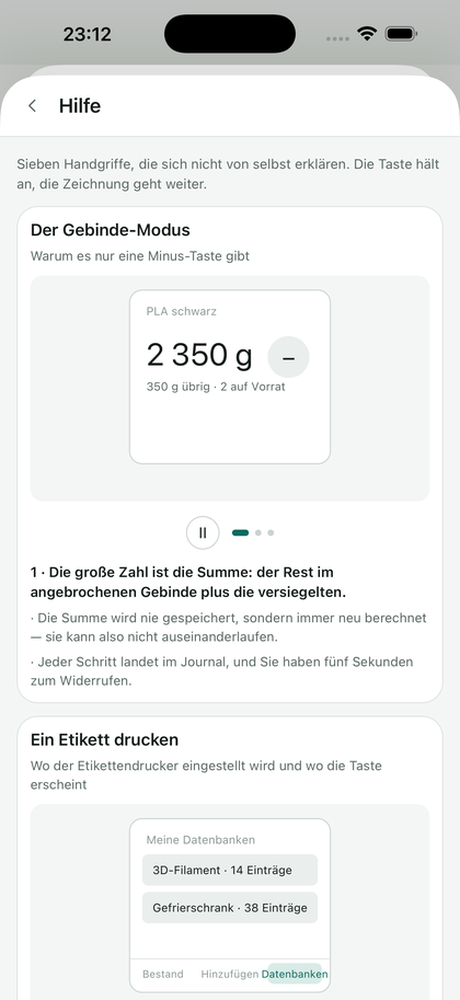 Die in der App eingebaute Hilfe: sieben animierte Karten.