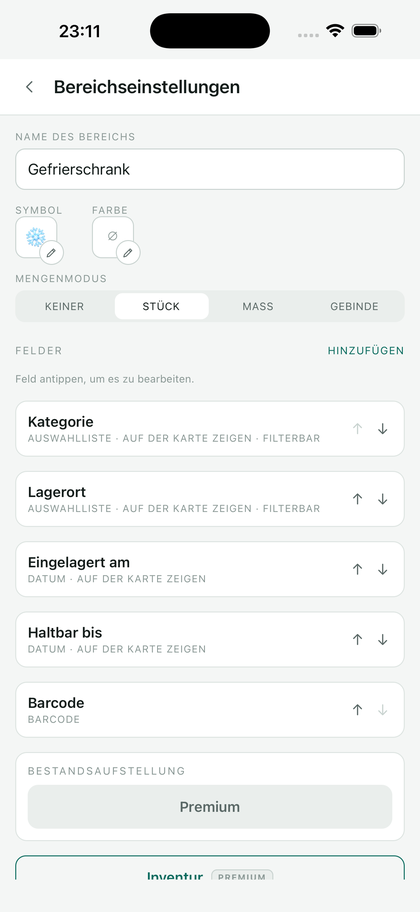 Die Einstellungen eines Bereichs: Name, Symbol, Farbe, Mengenmodus, Feldliste.