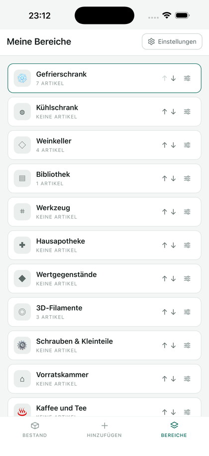 Die Liste der Bereiche: Gefriertruhe, Kühlschrank, Weinkeller, Bibliothek, Werkzeug…