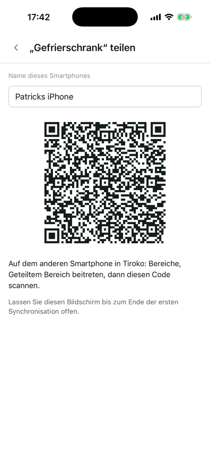 Der Bildschirm Teilen: Name dieses Smartphones und QR-Code zum Scannen.