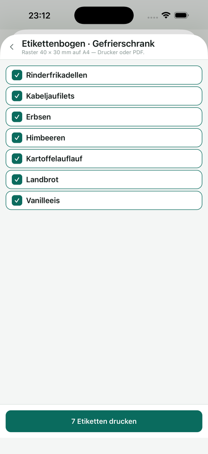 Der Etikettenbogen: man hakt die zu druckenden Artikel an.