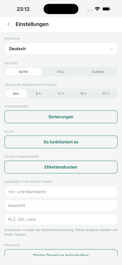 Der Bildschirm Einstellungen: Sprache, Design, tägliche Mitteilung, Sicherungen, Hilfe, Etikettendrucker.