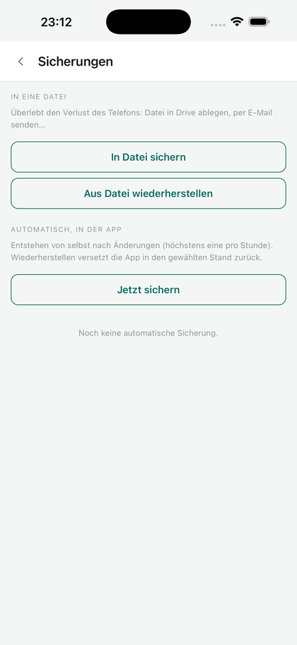 Der Bildschirm Sicherungen: in eine Datei sichern, aus einer Datei wiederherstellen.