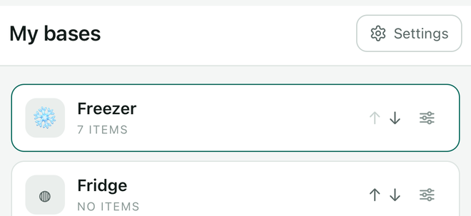 The Settings button, top right of the My bases screen.