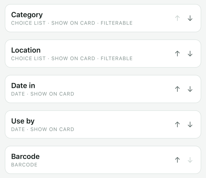 A base's fields: category, location, date in, use by, barcode.