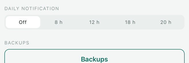 The daily notification setting: off, 8 am, 12 pm, 6 pm, 8 pm.