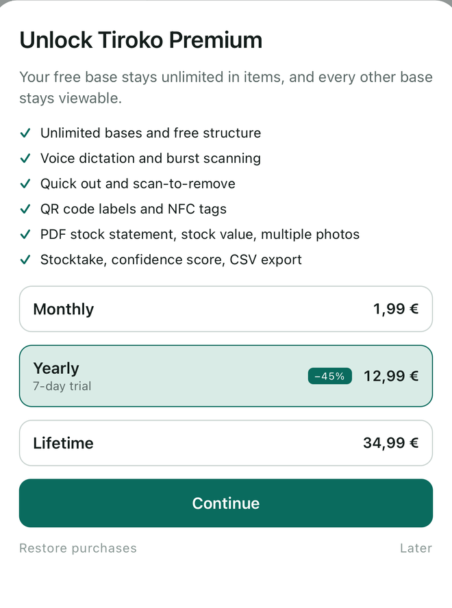The plans screen: monthly, yearly with a seven-day trial, lifetime.