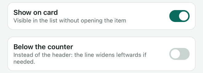 The Show on card and Below the counter settings, the first one on.