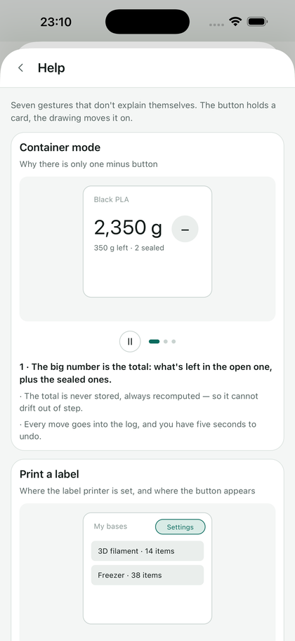 The help built into the app: seven animated cards.