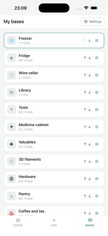 The list of bases: freezer, fridge, wine cellar, library, tools…