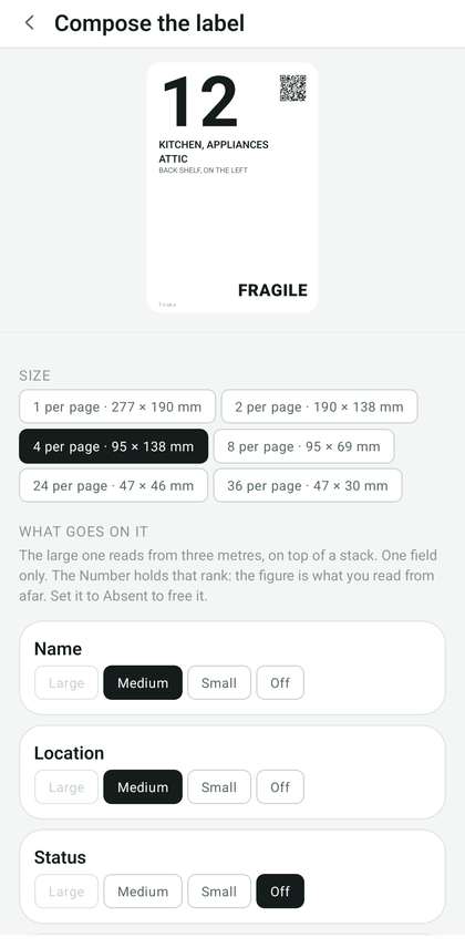 The label composer: preview, size, and the rank of each field.