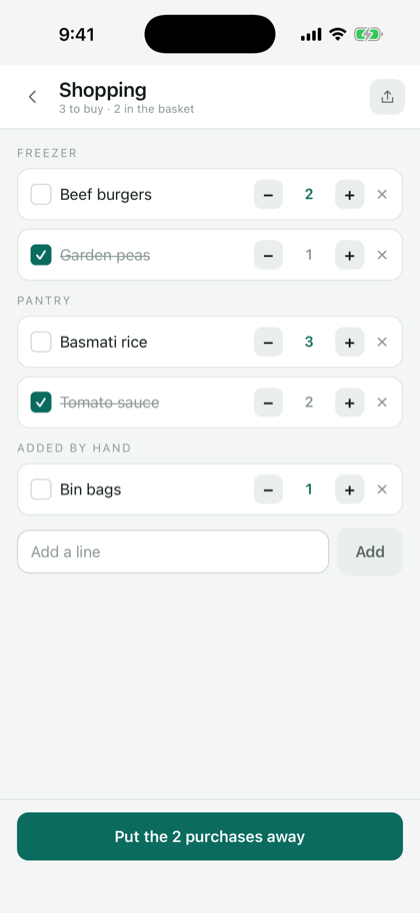 The shopping list: lines grouped by base with their quantity, two ticked lines, the Put the 2 purchases away button.
