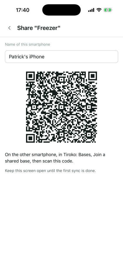 The Share screen: name of this smartphone and QR code to scan.