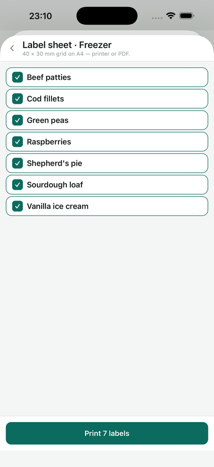 The label sheet: you tick the items to print.
