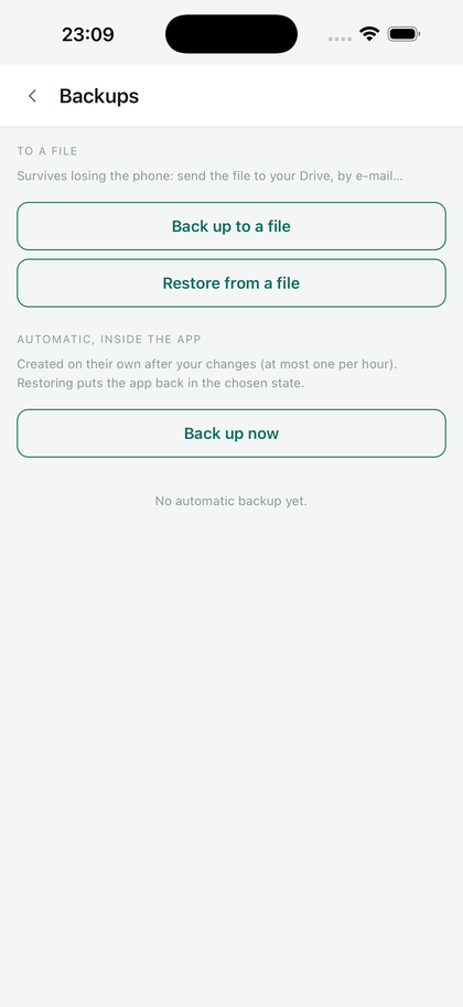 The Backups screen: back up to a file, restore from a file.