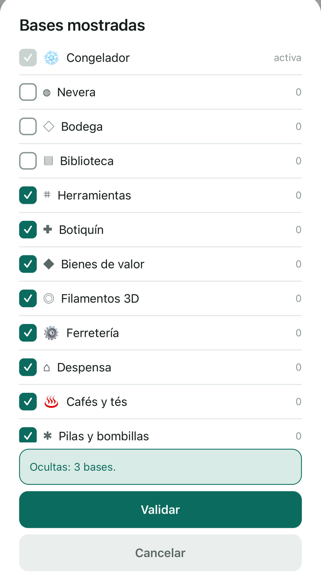 La lista Bases mostradas: la base activa en gris, tres bases desmarcadas, Ocultas: 3 bases.