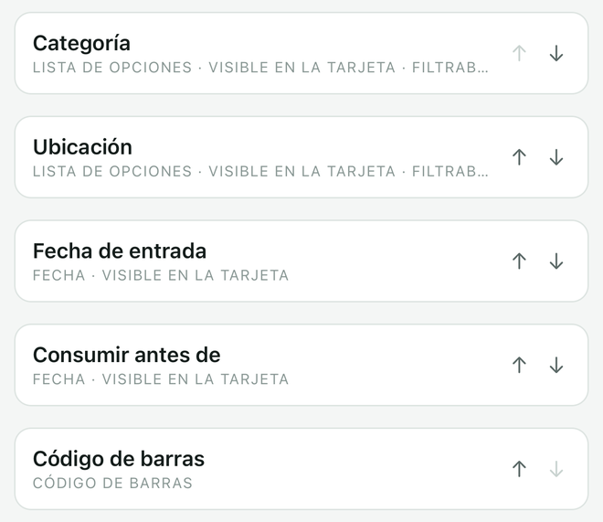 Los campos de una base: categoría, ubicación, fecha de entrada, consumir antes de, código de barras.