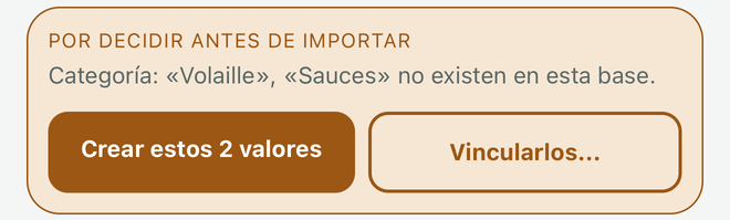 El bloque ámbar: los valores desconocidos y los dos botones crear o vincular.