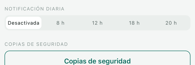 El ajuste de la notificación diaria: desactivada, 8 h, 12 h, 18 h, 20 h.