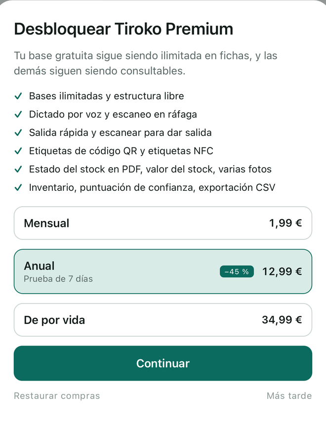 La pantalla de modalidades: mensual, anual con siete días de prueba, de por vida.