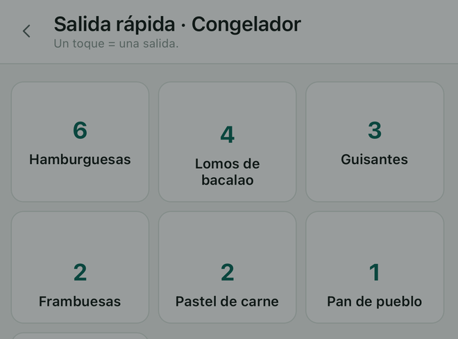 La salida rápida: seis botones grandes con el nombre del artículo y su cantidad.