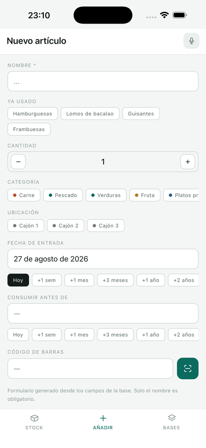 El formulario de entrada, construido a partir de los campos de la base.