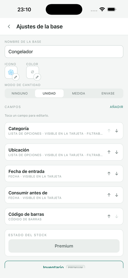 Los ajustes de una base: nombre, icono, color, modo de cantidad, lista de campos.