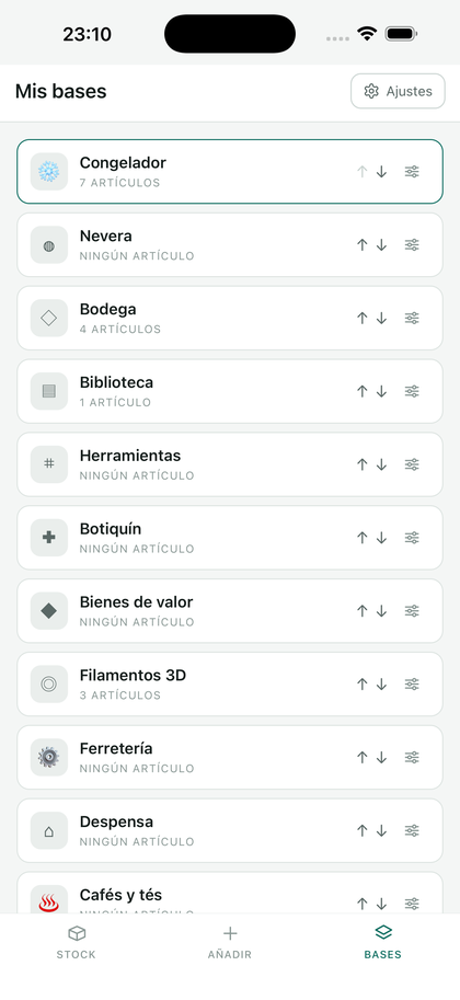 La lista de bases: congelador, nevera, bodega, biblioteca, herramientas…
