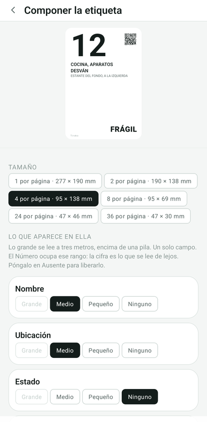 El creador de etiquetas: vista previa, tamaño y el rango de cada campo.