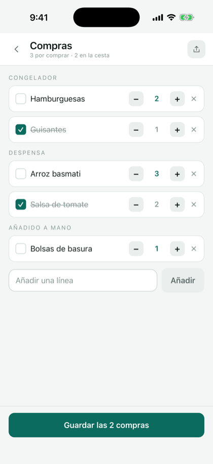 La lista de la compra: las líneas por base con su cantidad, dos líneas marcadas, el botón Guardar las 2 compras.