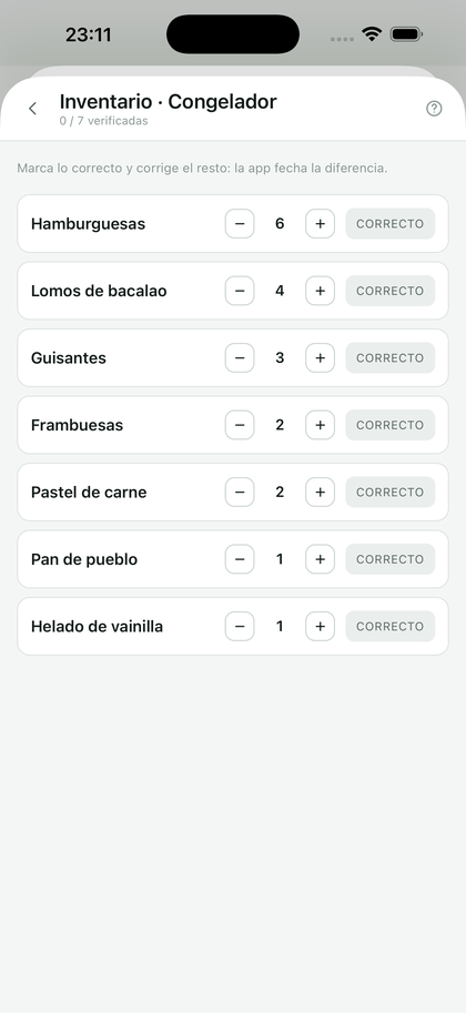 El modo inventario: cada línea con su cantidad y un botón Correcto.