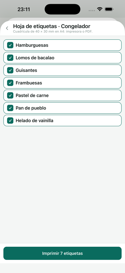 La hoja de etiquetas: se marcan los artículos a imprimir.