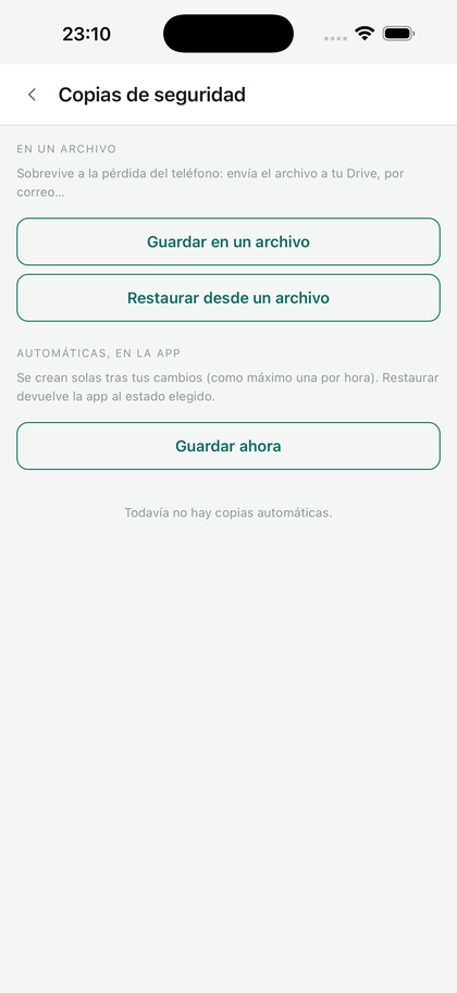 La pantalla Copias de seguridad: guardar en un archivo, restaurar desde un archivo.