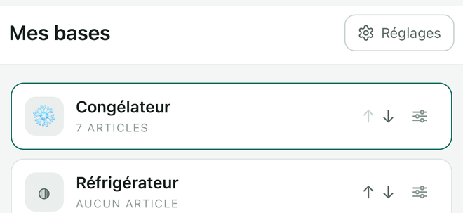 Le bouton Réglages, en haut à droite de l'écran Mes bases.