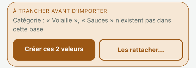 Le bloc ambre : les valeurs inconnues, et les deux boutons créer ou rattacher.