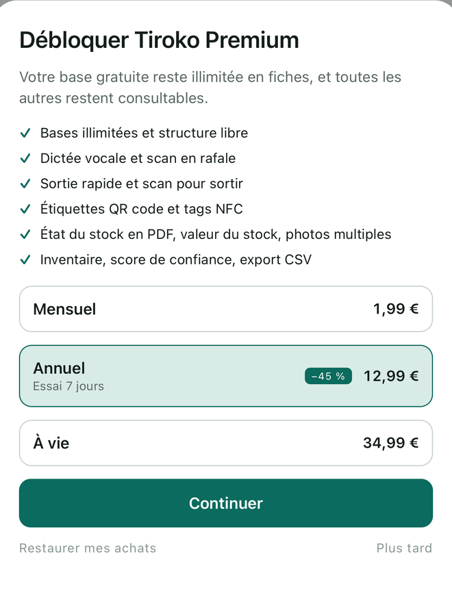 L'écran des formules : mensuel, annuel avec sept jours d'essai, à vie.