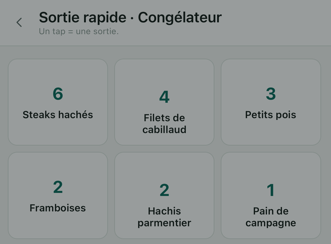 La sortie rapide : six grands boutons avec le nom de l'article et sa quantité.
