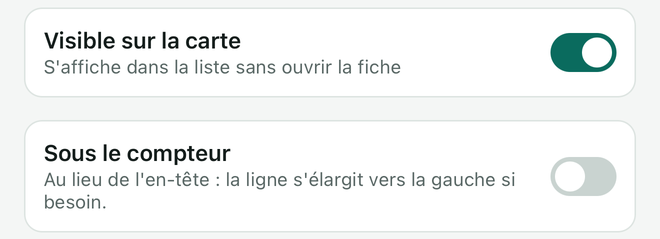 Les réglages « Visible sur la carte » et « Sous le compteur », le premier activé.