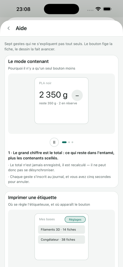 L'aide embarquée dans l'application : sept fiches animées.