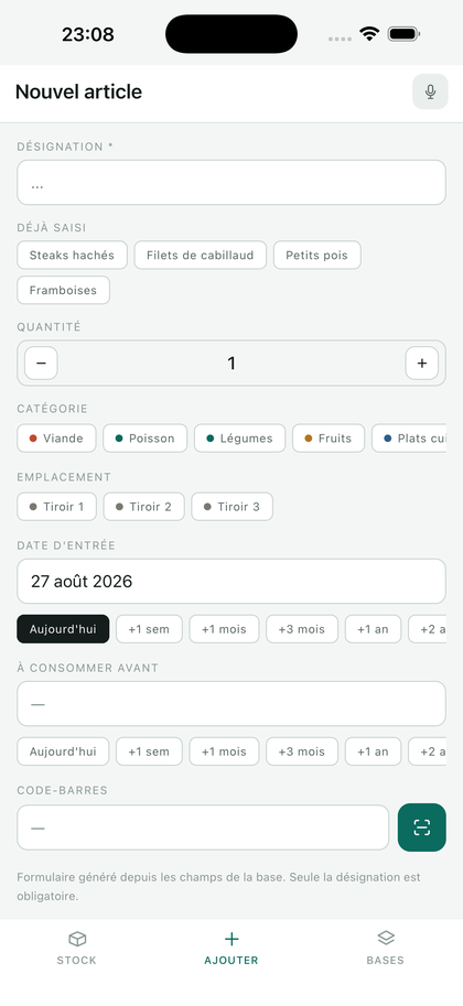 Le formulaire d'ajout, construit à partir des champs de la base.
