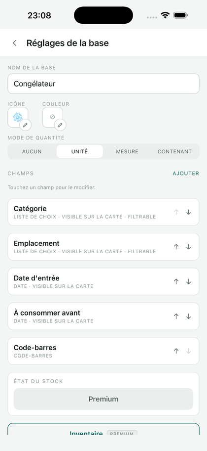 Les réglages d'une base : nom, icône, couleur, mode de quantité, liste des champs.