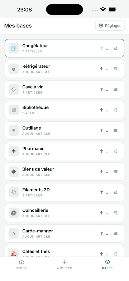 La liste des bases : congélateur, réfrigérateur, cave à vin, bibliothèque, outillage…