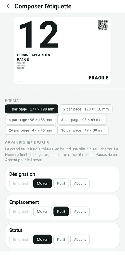 Le créateur d'étiquette : aperçu, format, et le rang de chaque champ.