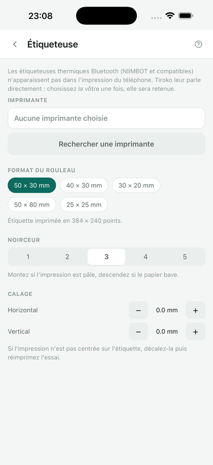 L'écran de réglage de l'étiqueteuse : recherche, format de rouleau, netteté, calage.